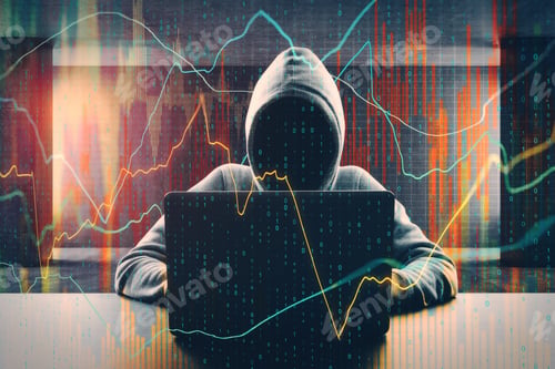 Preview: Hacker At Desktop Using Laptop With Forex Chart On Blurry Office Background. Malware And Market