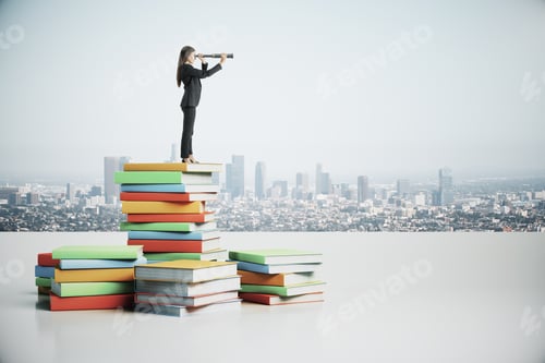 Preview: Businesswoman With Binoculars Standing On Book Pile. City Skyline Background. Future And Vision