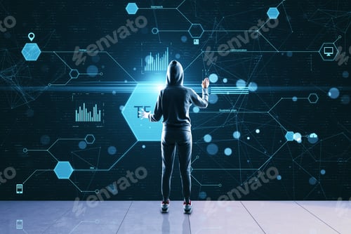 Preview: Hacker Using Glowing Business Data On Virtual Screen. Hacking And Cyber Attack Concept.