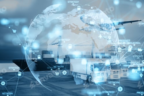 Preview: Abstract Glowing Blurry Global Delivery Scheme Hologram On Transport Dock Background. Logistics And
