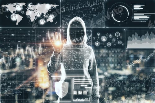Preview: Hacking And Hud Concept. Hacker With Digital Business Interface On Blurry Night City Background