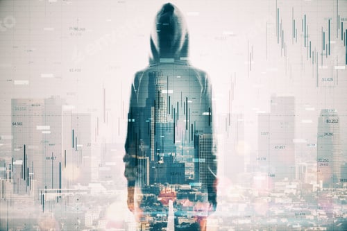 Preview: Hacker On Rooftop With City View And Forex Chart. Hacking And Trade Concept. Multiexposure