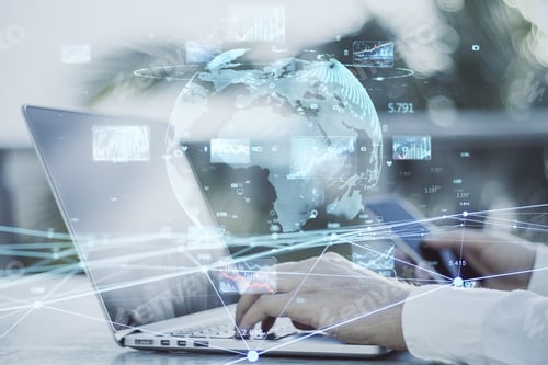 Preview: Close Up Of Businessman Hands Using Laptop With Creative Glowing Globe Hologram With Forex Charts