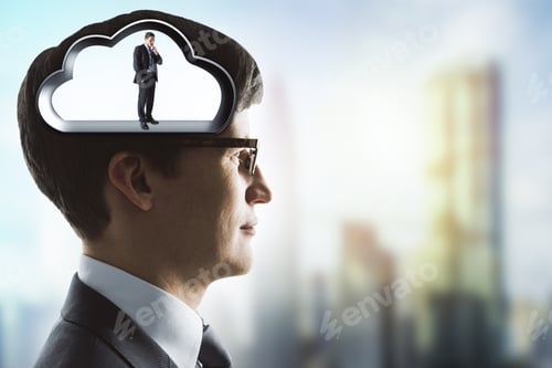 Preview: Silhouette Of Brain In Head Of A Businessman With Businessman On City Background. Artificial
