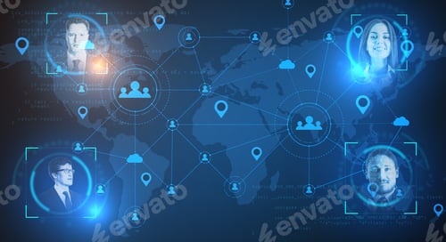 Preview: Glowing Abstract Remote Work And Social Media Network Hologram. Communication And Networking