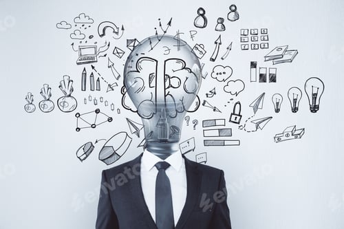 Preview: Light Bulb Headed Businessman With Business Sketch On Concrete Wall Background. Brainstorming