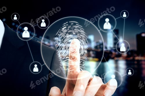 Preview: Businessman Finger On Creative Blue Finger Print Button With Connections On Blurry Night City