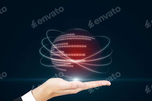 Preview: Hand Holding Abstract Digital Earth With Binary Code. Global Communication Network Concept.