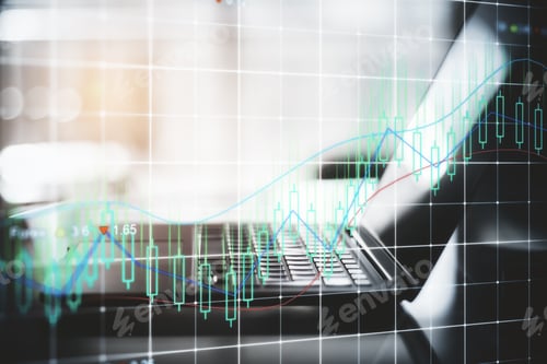 Preview: Side View And Close Up Of Laptop With Forex Chart On Blurry Background. Trade Concept. Double