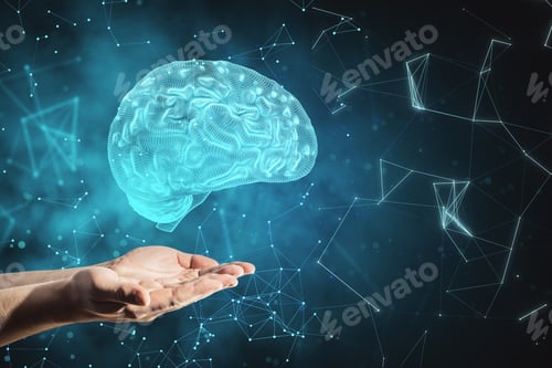 Preview: Hands Holding Glowing Brain On Blurry Background. Artificial Intelligence Concept. 3D Rendering