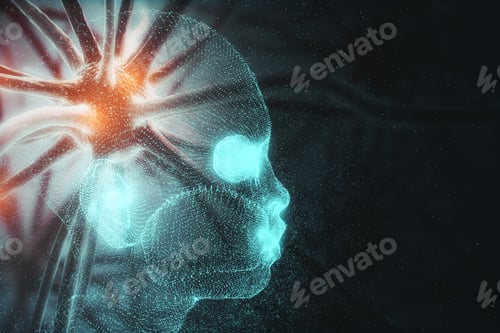 Preview: Polygonal Human With Nerve Cells. Nervous System And Science Concept. Double Exposure
