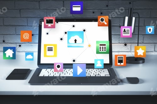 Preview: Workplace With Laptop And Cloud Computing Diagram. Business And Technology Concept. 3D Rendering