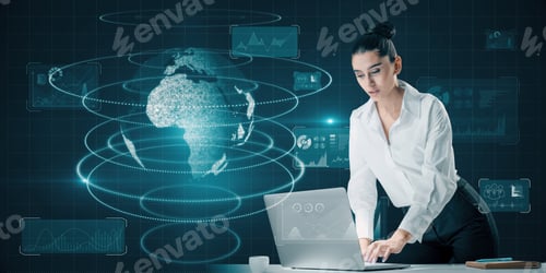 Preview: Attractive Young European Businesswoman Standing At Office Desktop Using Laptop With Glowing Globe