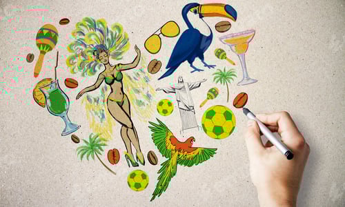 Preview: Travel To Brazil Concept With Hand Drawning Symbols Of Brazil: Carnival And Football.