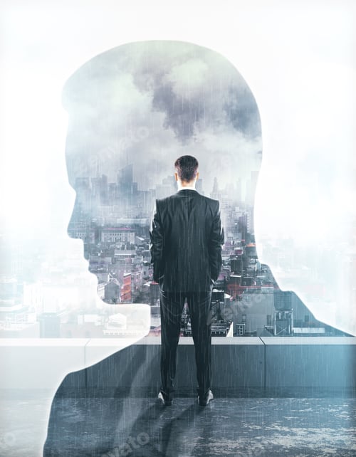 Preview: Back View Of Businessman On Rooftop And Male Head Silhouette On Rainy City Background. Research
