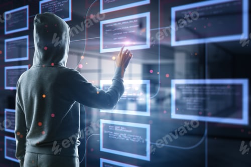 Preview: Hacker Hand Pointing At Abstract Creative Coding Programming Hologram On Blurry Interior