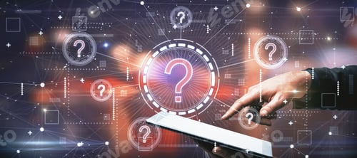 Preview: Businessman Hands Pointing At Tablet With Creative Glowing Question Marks Interface On Blurry