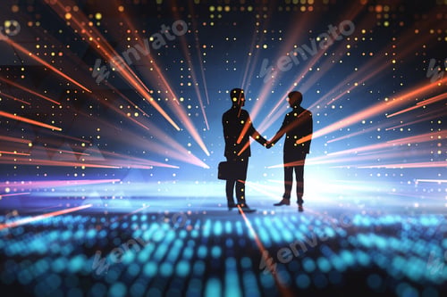 Preview: Abstract Backlit Businessmen Shaking Hands On Abstract Metaverse Background. Teamwork And Meeting