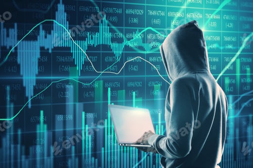 Preview: Side View Of Hacker Using Laptop With Forex Chart. Hacking And Trade Concept. Double Exposure