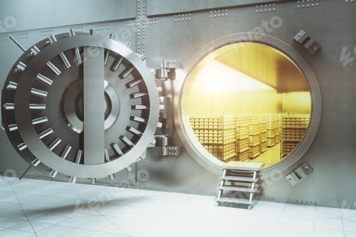 Preview: Open Bank Vault With Golden Walls And Gold Stacks. 3D Render