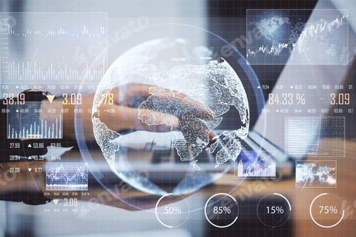 Preview: Hand Using Laptop With Abstract Global Network Interface. Business And Technology Concept