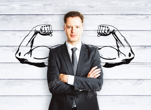 Preview: Confident Businessman With Drawn Muscly Hands On Wooden Background. Hero Concept