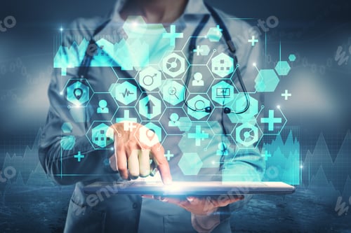 Preview: Female Doctor Hand Using Tablet With Medical Interface On Blurry. Medicine And Future Concept