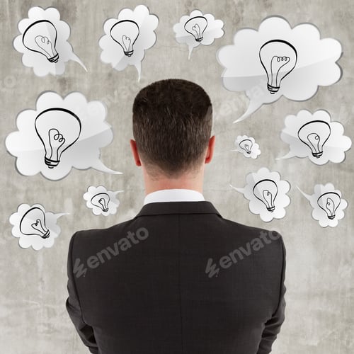 Preview: Young Businessman Thinking Standing Back With Speech Bubble Over Head