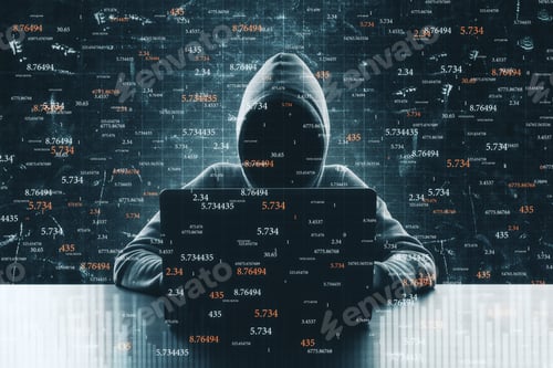 Preview: Hacker Using Laptop At Desktop With Forex Chart. Technology And Trade Concept. Double Exposure