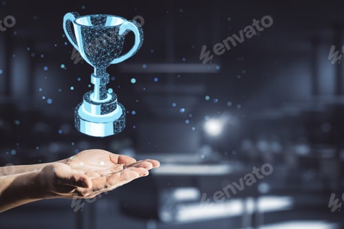 Preview: Award Concept With Polygonal Winner Trophy Cup Above Man Hand At Abstract Dark Background.