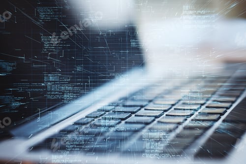 Preview: Close Up Of Laptop With Abstract Glowing Coding Big Data Interface On Blurry Background. Technology