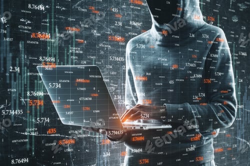 Preview: Side View Of Hacker Using Laptop With Forex Chart. Trade And Malware Concept. Double Exposure