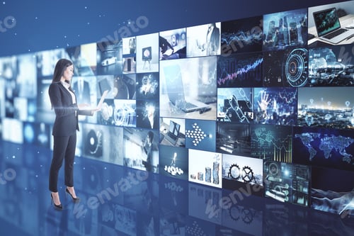 Preview: Streaming Concept With Businesswoman Working On Laptop And Multimedia Wall With Video