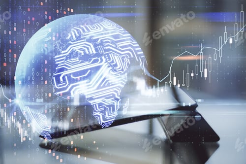 Preview: Automated Trading Concept With Digital Planet And World Map Scheme And Digital Tablet At Abstract