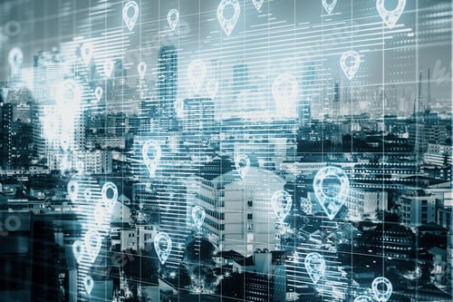 Preview: Geolocation Hologram With World Map Over Modern City. Geolocation And Distributed Data Concept.
