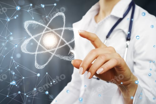 Preview: Female Doctor Pointing At Glowing Polygonal Atom Interface. Science And Medicine Concept