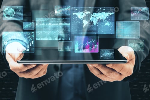 Preview: Businessman Holding Tablet With Digital Business Interface. Global Business And Media Concept