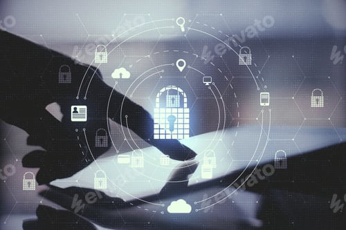 Preview: Close Up And Side View Of Hand Using Tablet With Abstract Glowing Padlock Hologram On Blurry