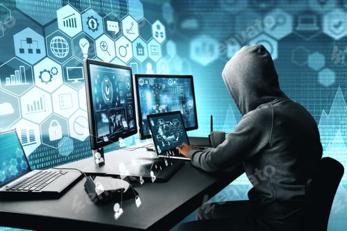 Preview: Side View Of Hacker Using Computer With Digital Interface While Sitting At Desk Of Blurry Interior