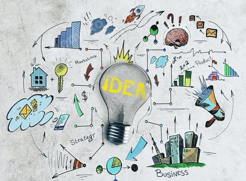Preview: Lamp With Business Sketch On Abstract Concrete Wall Background. Idea And Management Concept