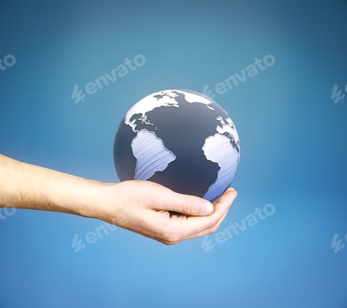 Preview: Male Hand Holding 3D Rendered Terrestrial Globe On Blue Background