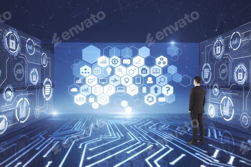 Preview: Back View Of Young Businessman Looking At Abstract Digital Business Circuit Interface. Blockchain