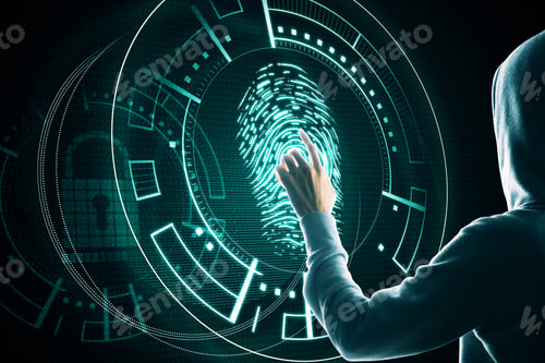 Preview: Hacker Using Creative Blurry Finger Print Scan Interface. Hacking And Id Concept.