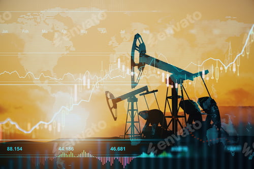 Preview: Global Stock Market And Oil Industry Concept With Oil Pumps At Sunset On Abstract Field And Virtual