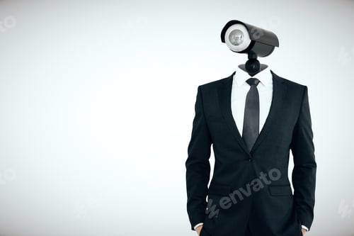 Preview: Cctv Headed Man On Grey Background. Supervision Concept