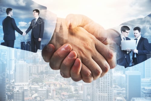 Preview: Side View Of Businessmen Shaking Hands On Blurry City Background. Teamwork And Success Concept