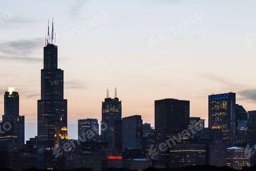 Preview: Modern Backlit Chicago City Skyline Background At Dawn. Urban Architecture Concept