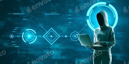 Preview: Hacker Using Laptop With Abstract Digital Business Interface On Blurry Blue Background. Technology