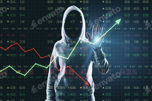 Preview: Double Exposure With No Face Hacker Touching Digital Business Chart Screen With Glowing Red And
