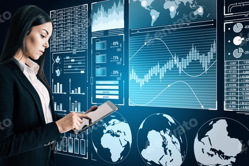 Preview: Attractive Young Businesswoman Using Tablet With Abstract Digital Business Interface On Blurry